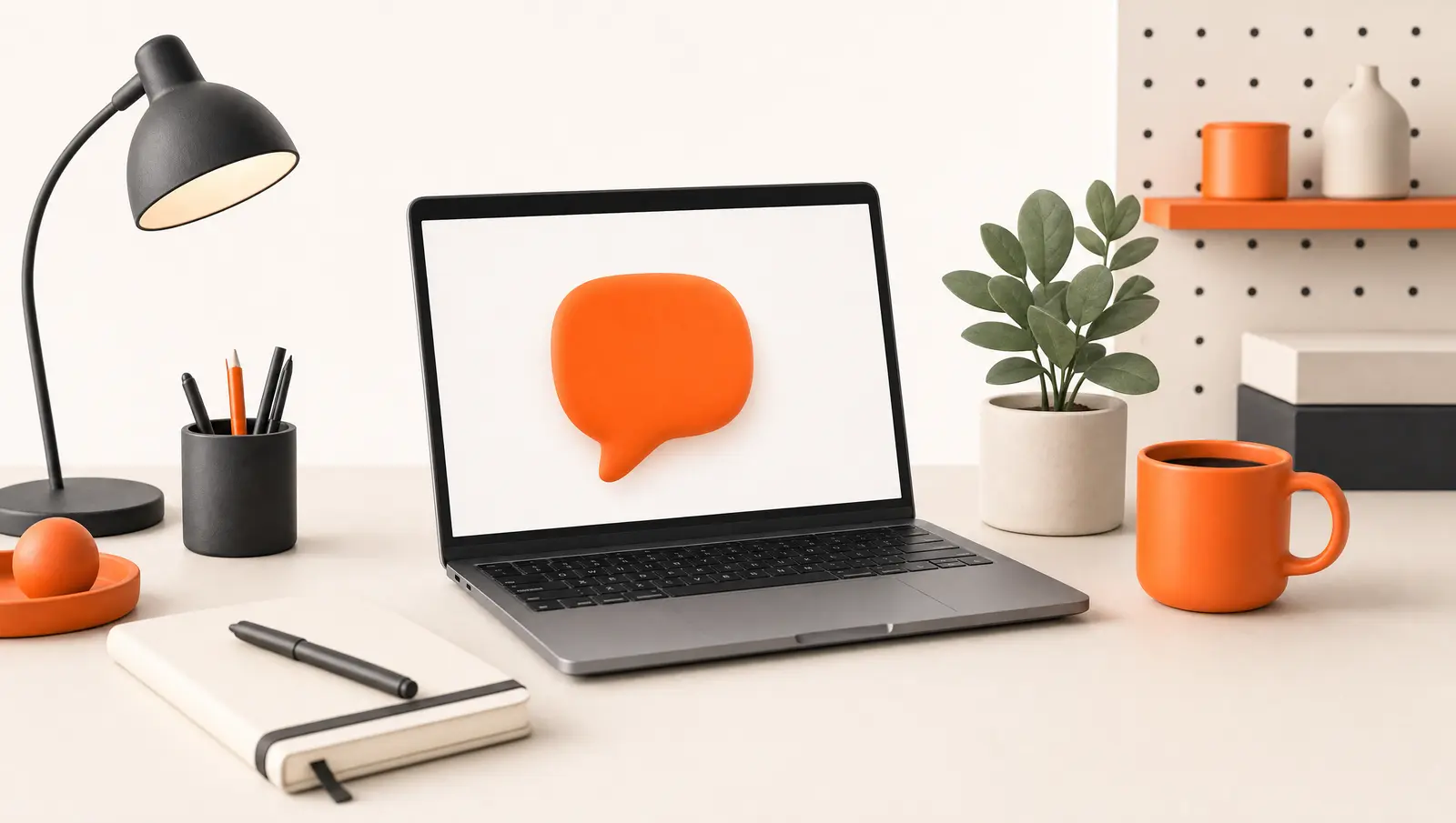 Werkplek met laptop waarop een oranje chatballon te zien is